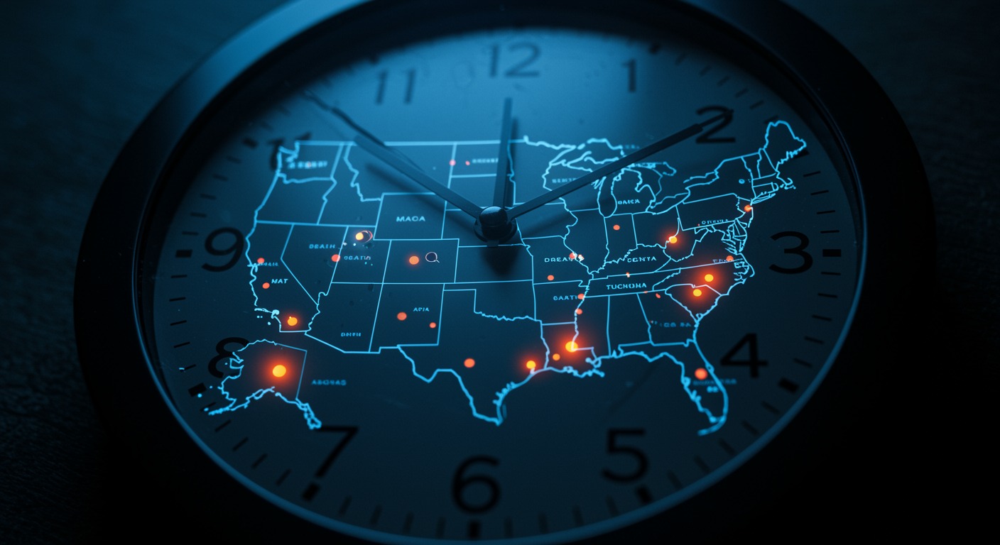 A dramatic close-up of an analog wall clock with its hands between 2 and 3 AM, overlaid with a translucent blue map of the United States showing regional health data hotspots, moody blue and amber lighting