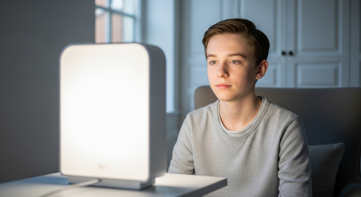 Young person using circadian light therapy device with dose measurement charts and youth mental health research materials