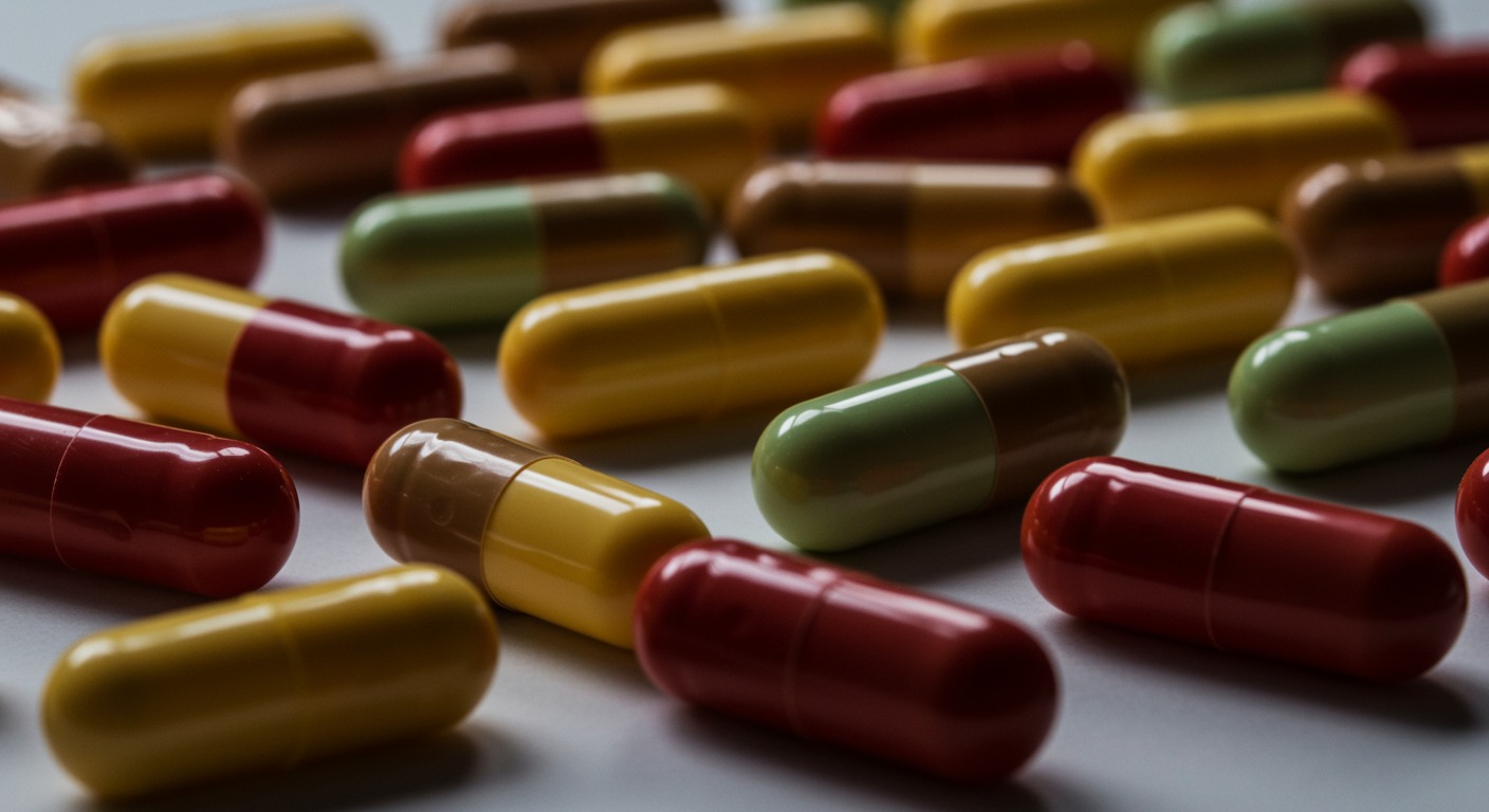 Colorful supplement capsules arranged in a pattern on a white surface with clean clinical lighting