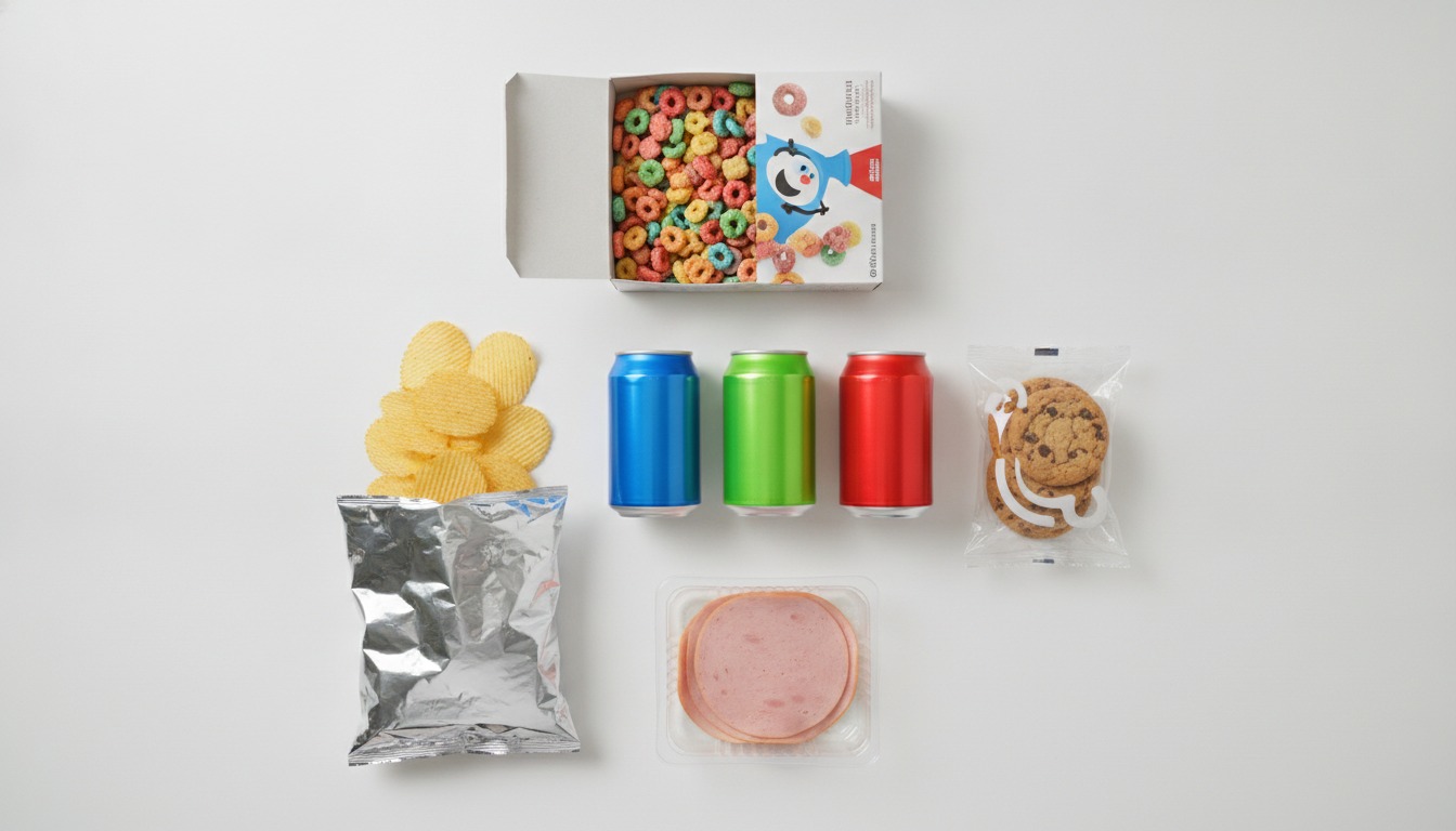 Overhead shot of an assortment of packaged ultra-processed foods on a table, including brightly colored soda cans, a bag of potato chips, sugary breakfast cereal, packaged cookies, and processed lunch meat, in clean bright studio lighting