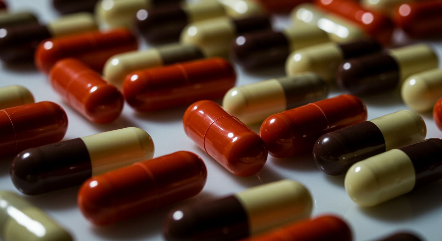 Colorful supplement capsules arranged in a pattern on a white surface with clean clinical lighting