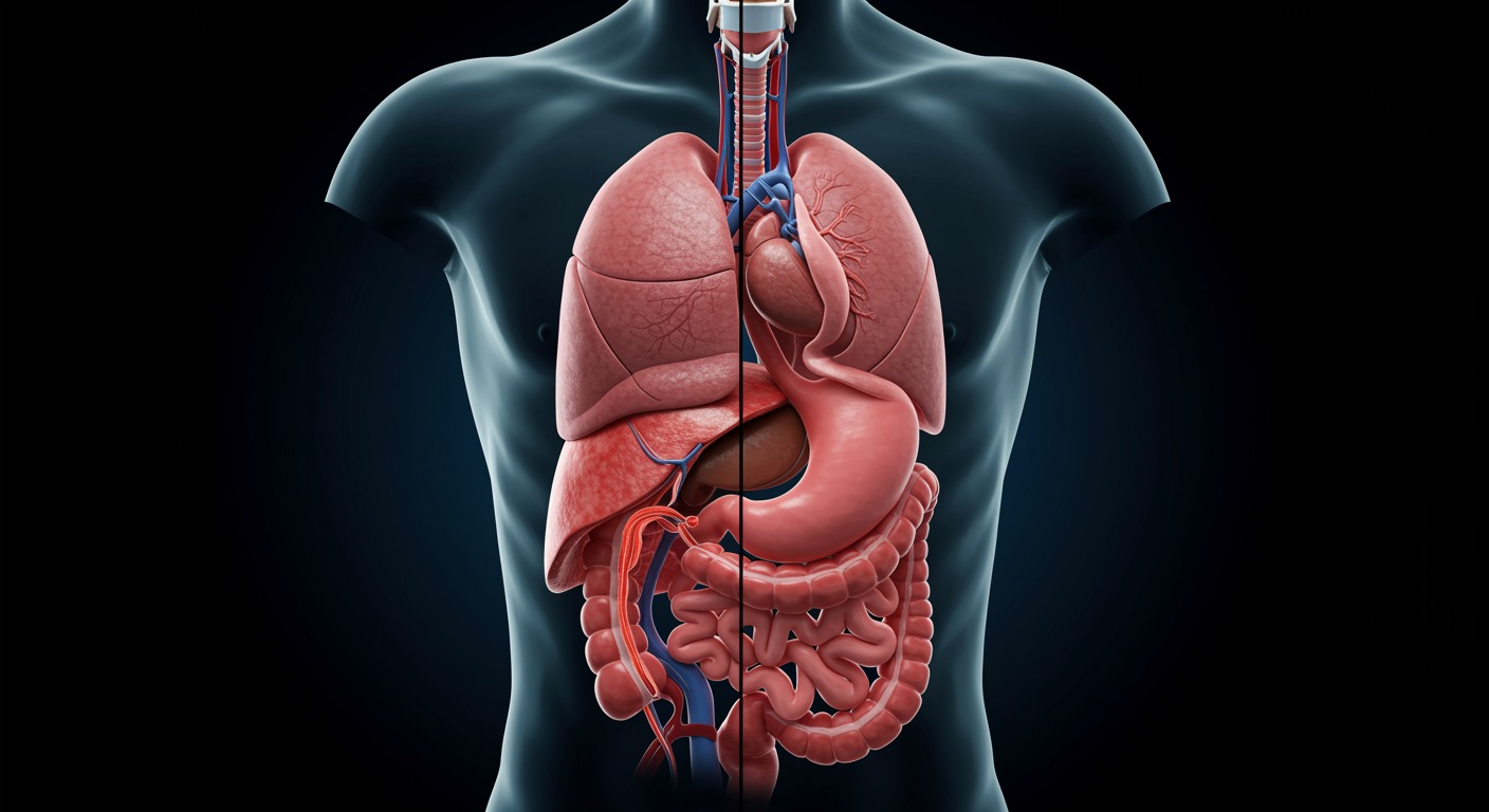Medical anatomical illustration showing normal esophagus and stomach position versus hiatal hernia displacement through diaphragm