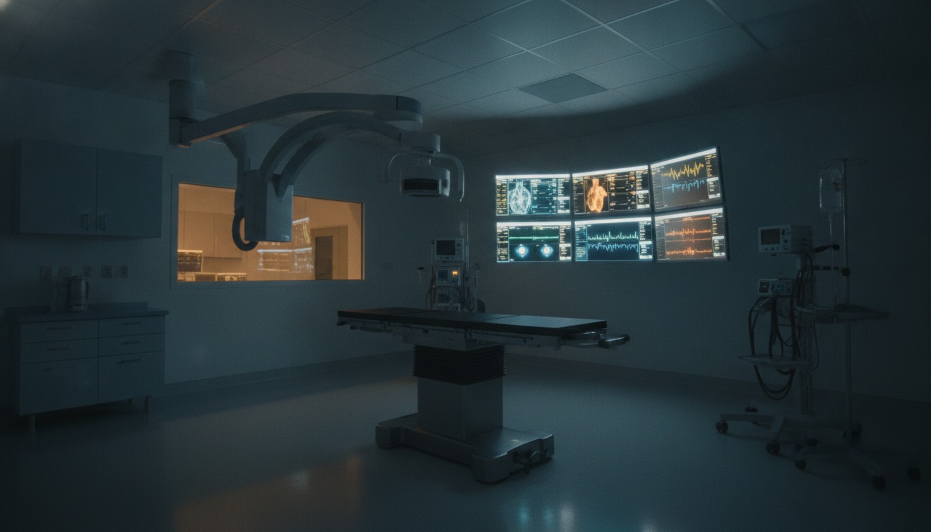 A softly lit hospital catheterisation laboratory with an empty procedure table and glowing monitors