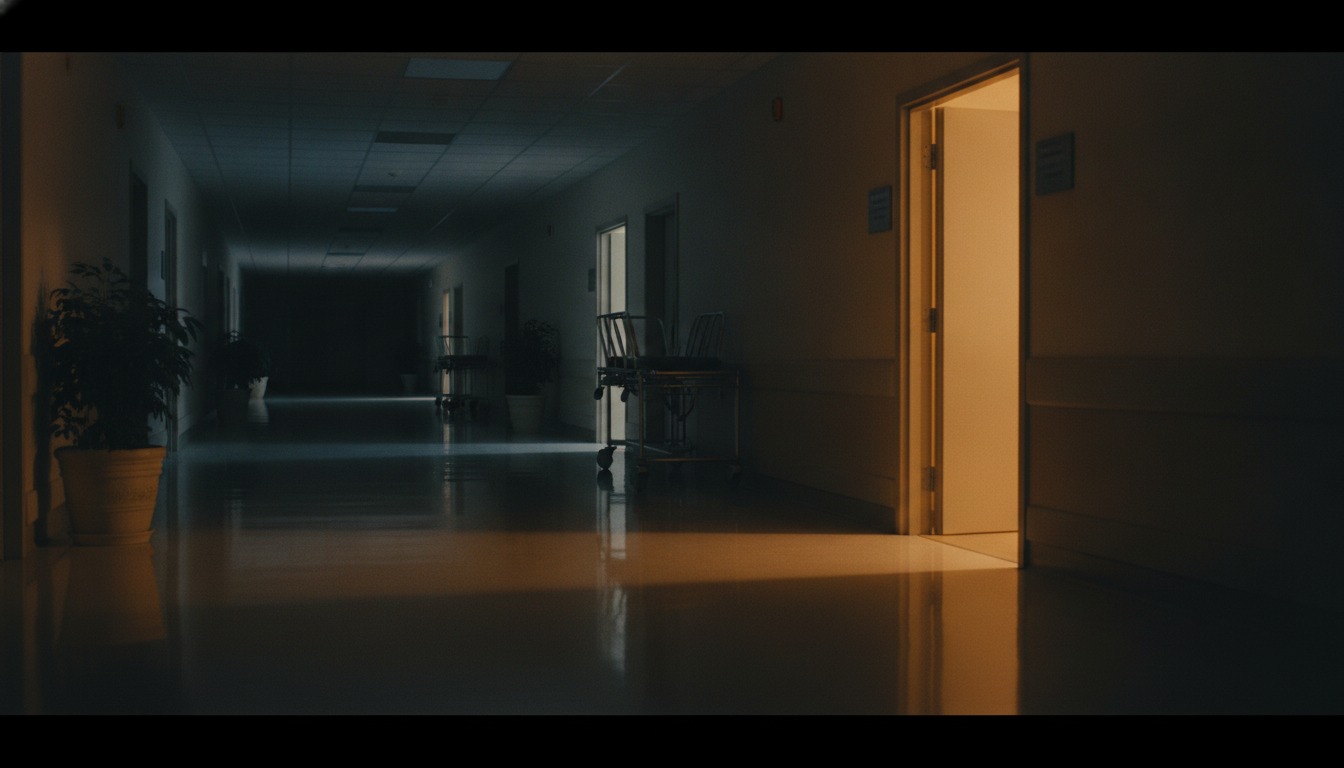 Quiet hospital corridor at night with warm light spilling from an open doorway onto a polished floor