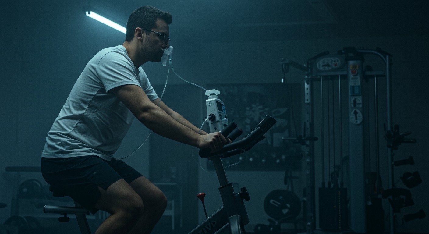 Patient on bike with oxygen in bright gym