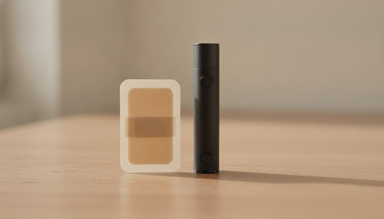 A nicotine patch and a small e-cigarette device resting side by side on a plain wooden table in soft daylight
