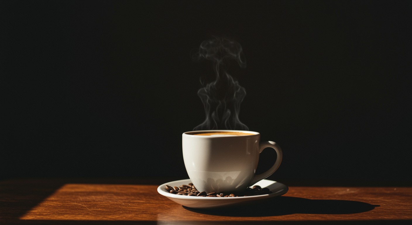 A warm cup of coffee on a wooden table with morning light