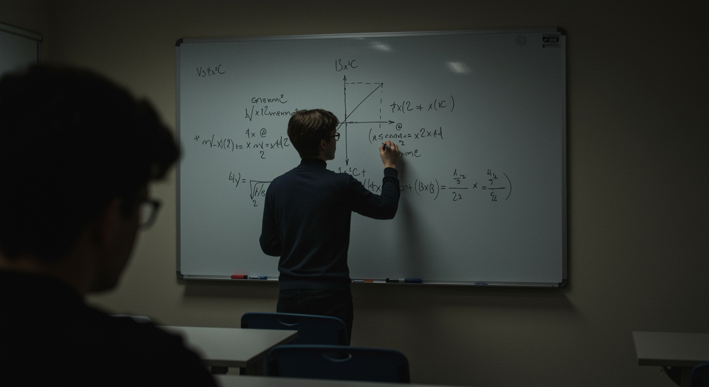 Person working on a complex math problem on a whiteboard in a bright academic setting
