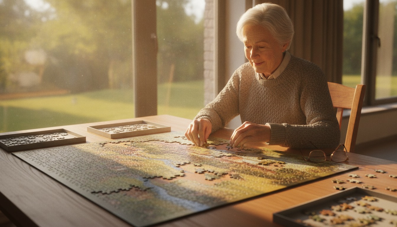 Older adult assembling a jigsaw puzzle on a warm wooden table by a sunlit window with soft golden light