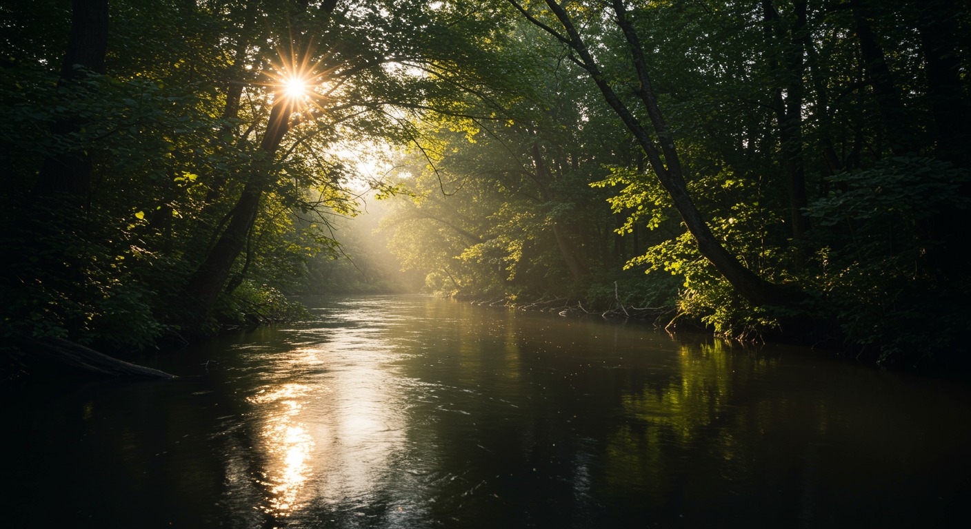 River with sunlight through trees