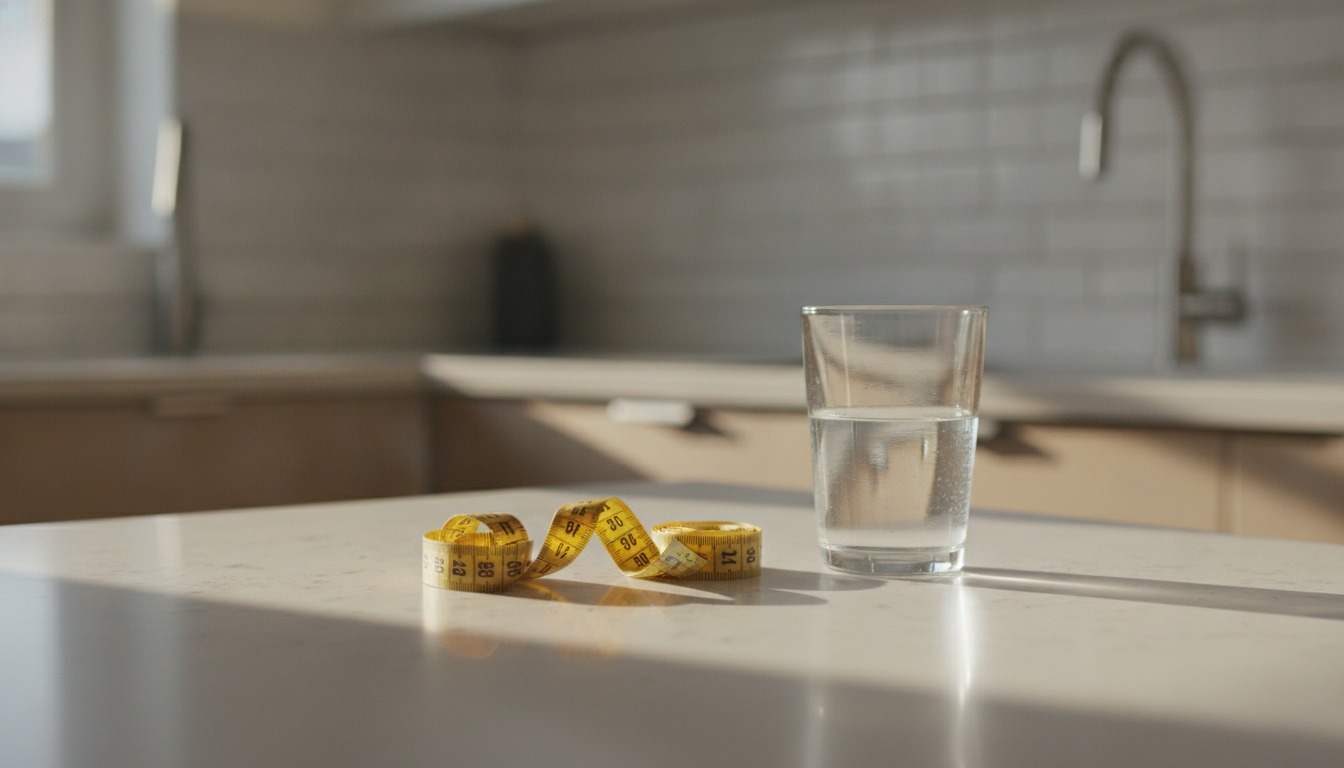 A cloth measuring tape resting on a kitchen counter beside a glass of water in soft morning sunlight