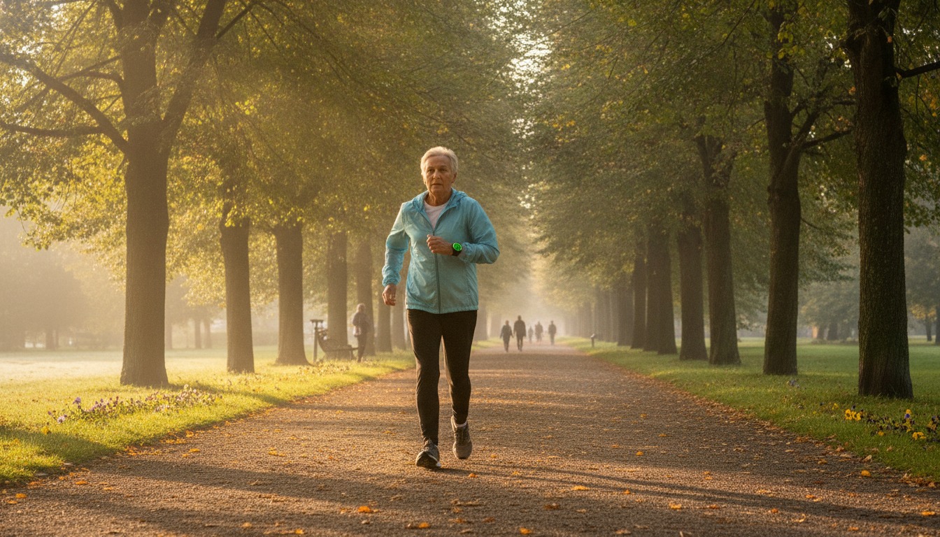 An older adult walking briskly along a tree-lined park path in soft morning light, wearing a fitness tracker on the wrist
