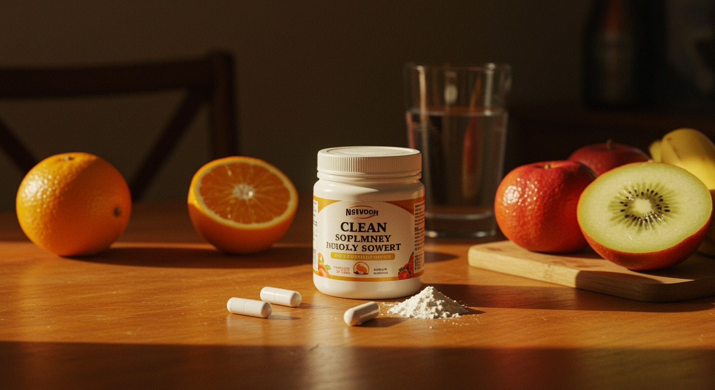 Clean white supplement powder on a warm sunlit wooden table with fresh fruits and a glass of water