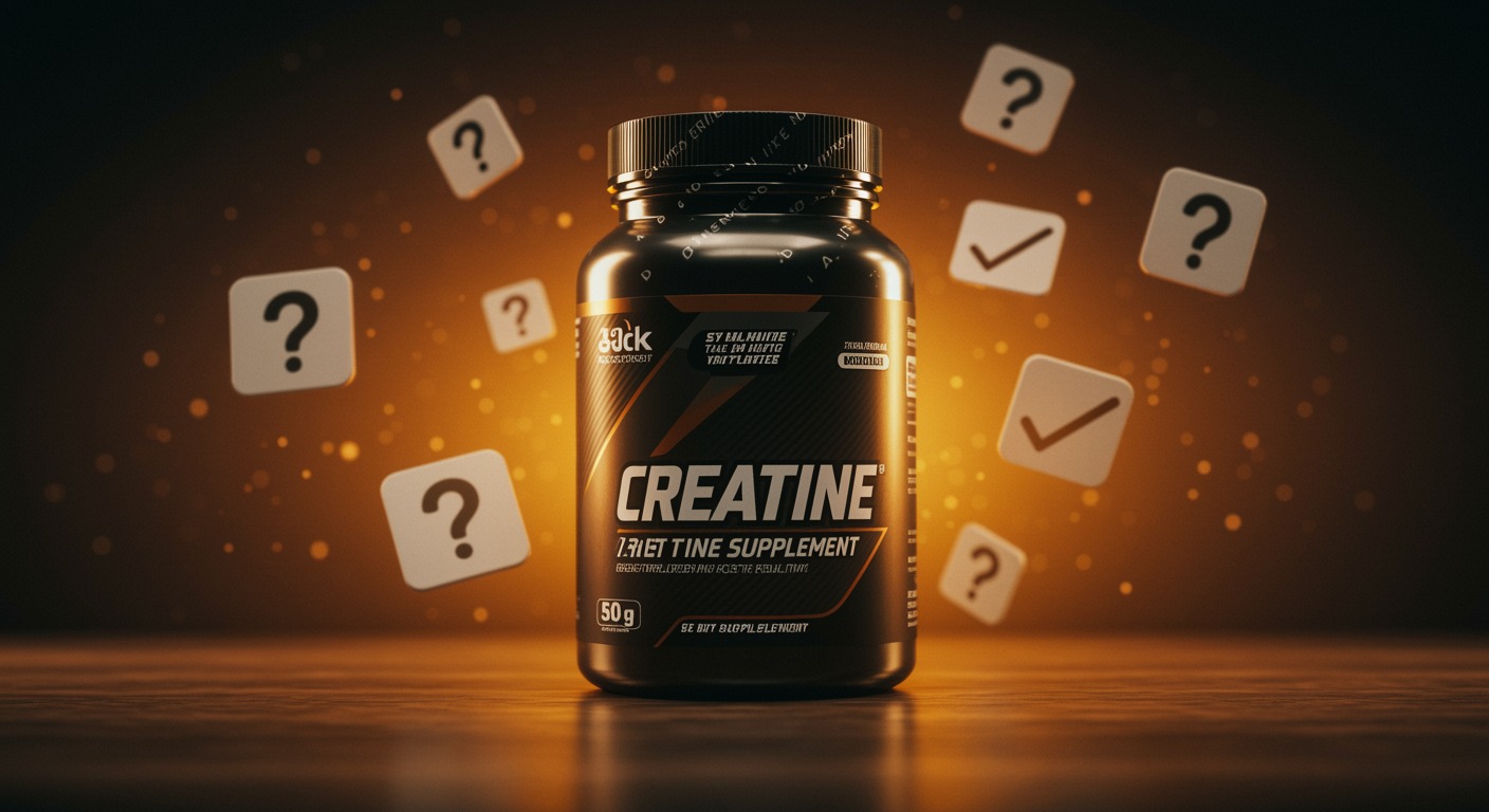 Creatine supplement container surrounded by floating question mark symbols and fact check icons, bright educational concept with warm inviting lighting