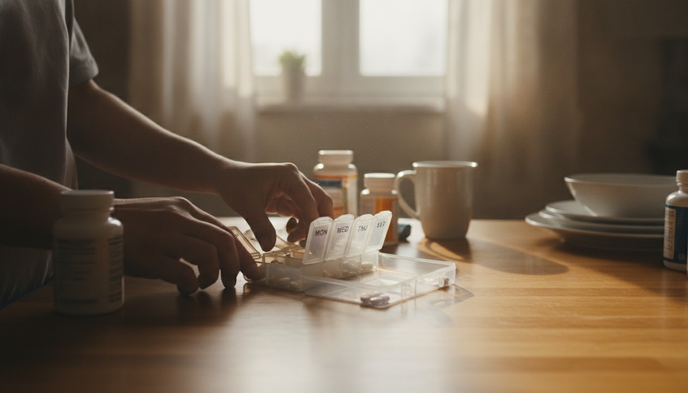 Person organizing a weekly pill box on a warm wooden kitchen counter with soft golden morning light