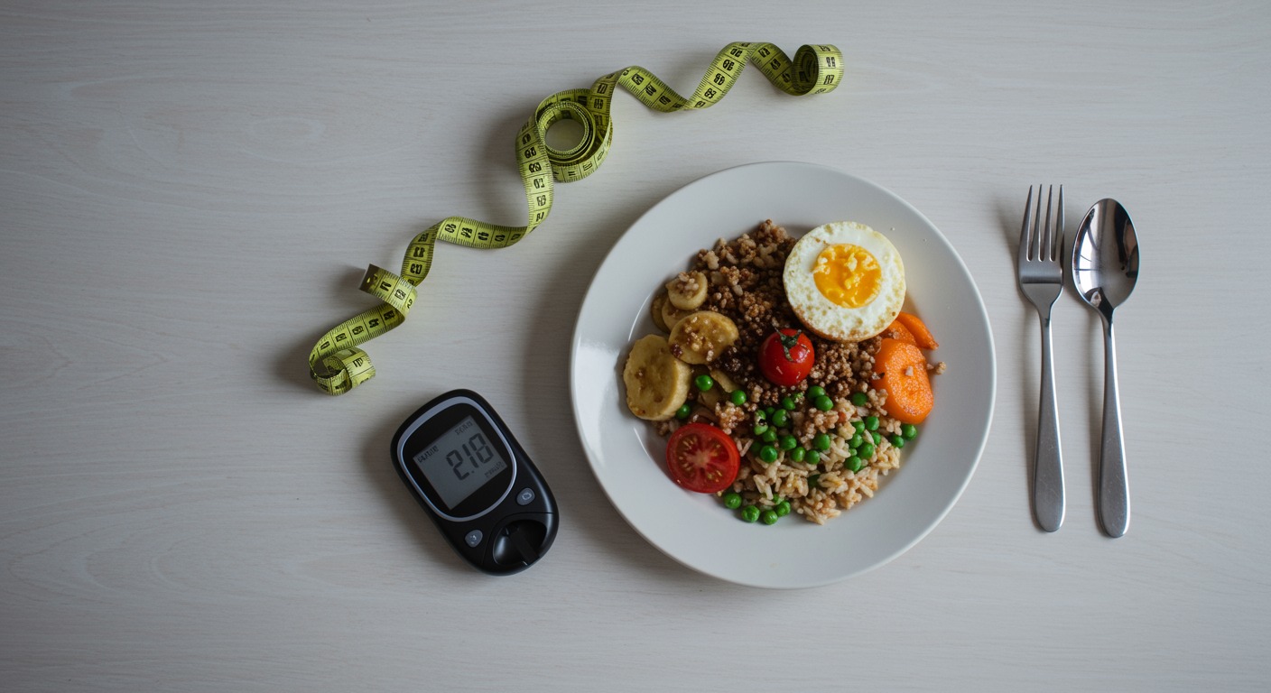 Overhead flat-lay of a balanced plate of food with measuring tape and a glucometer on a white table