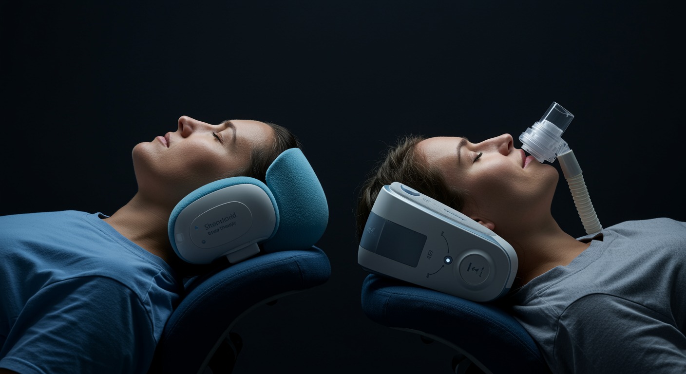Photorealistic sleep position therapy device compared to CPAP machine for positional sleep apnea treatment, showing treatment alternatives, soft medical comparison lighting, no text