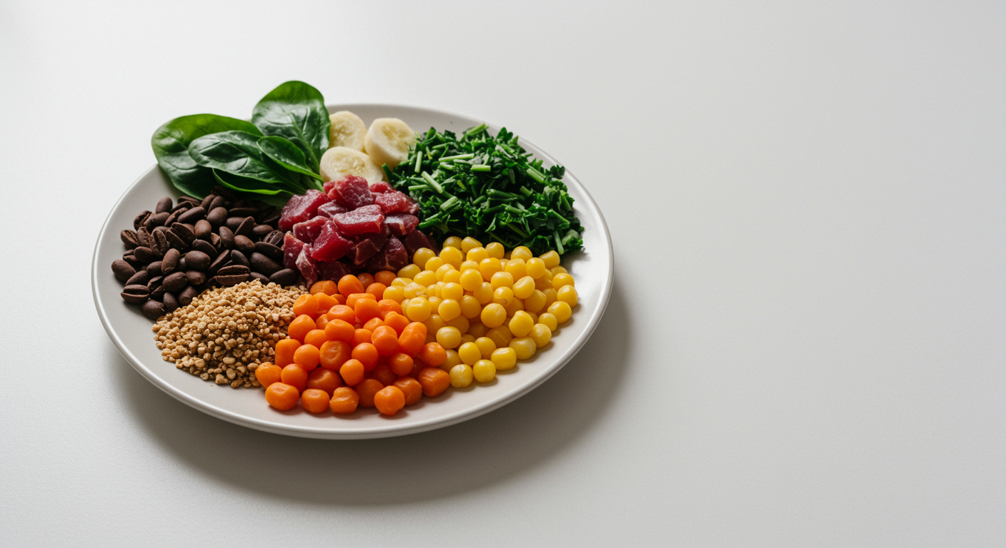 Single colorful plate of balanced nutrients on clean white surface with natural lighting