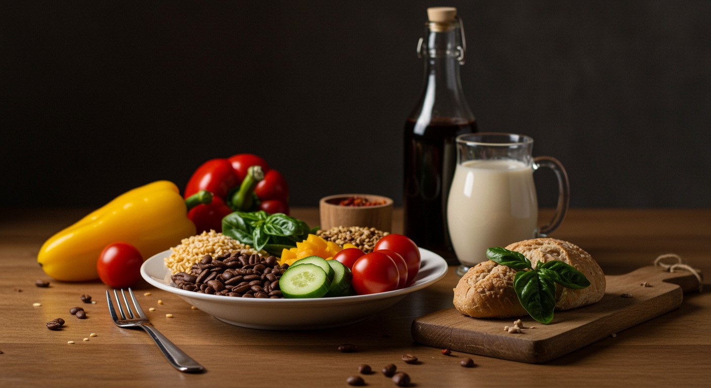 Colorful nutritious meal on warm wooden table