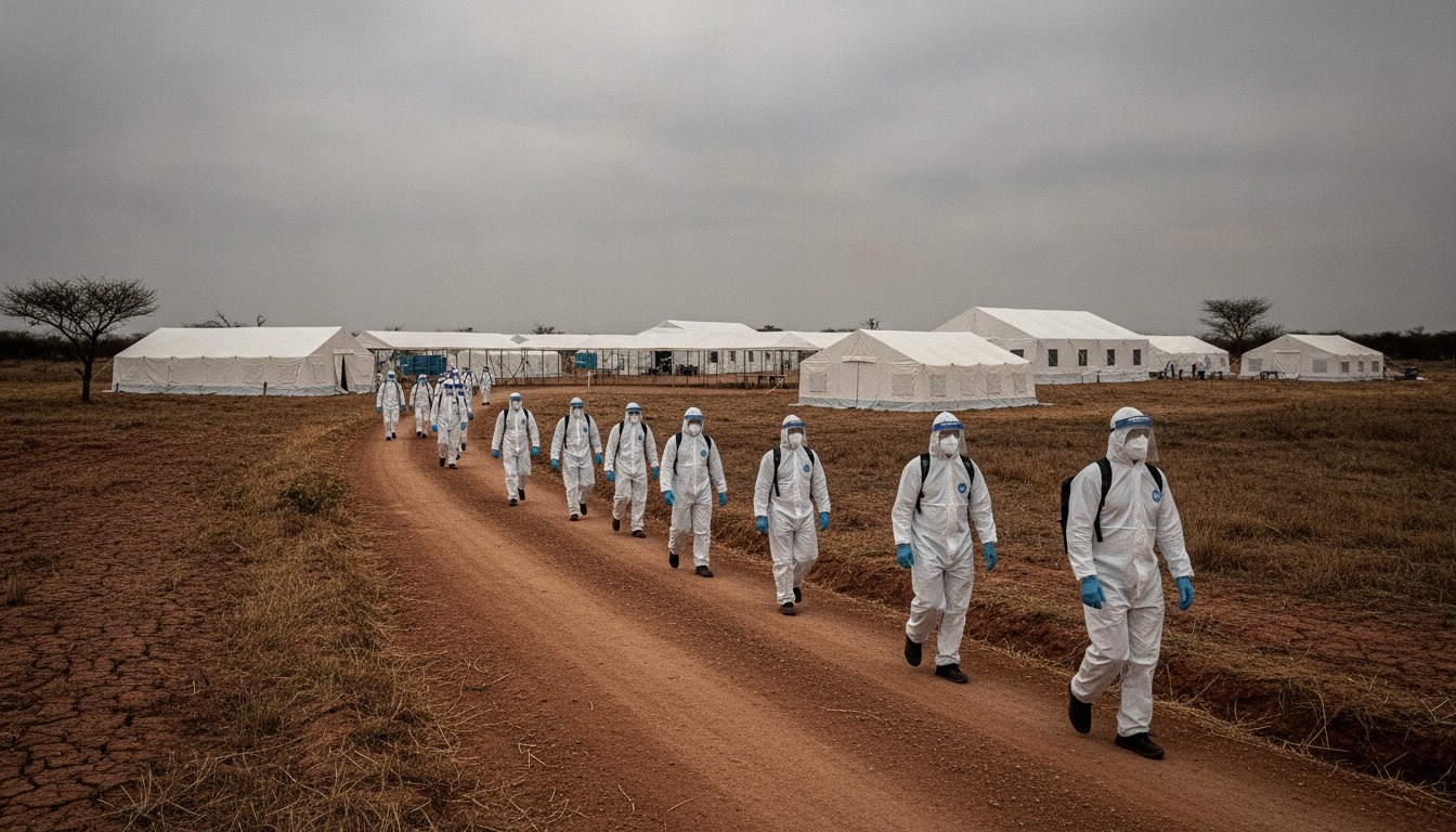 Health workers in white protective suits and face shields walking toward a tented field clinic on a dirt road under an overcast sky