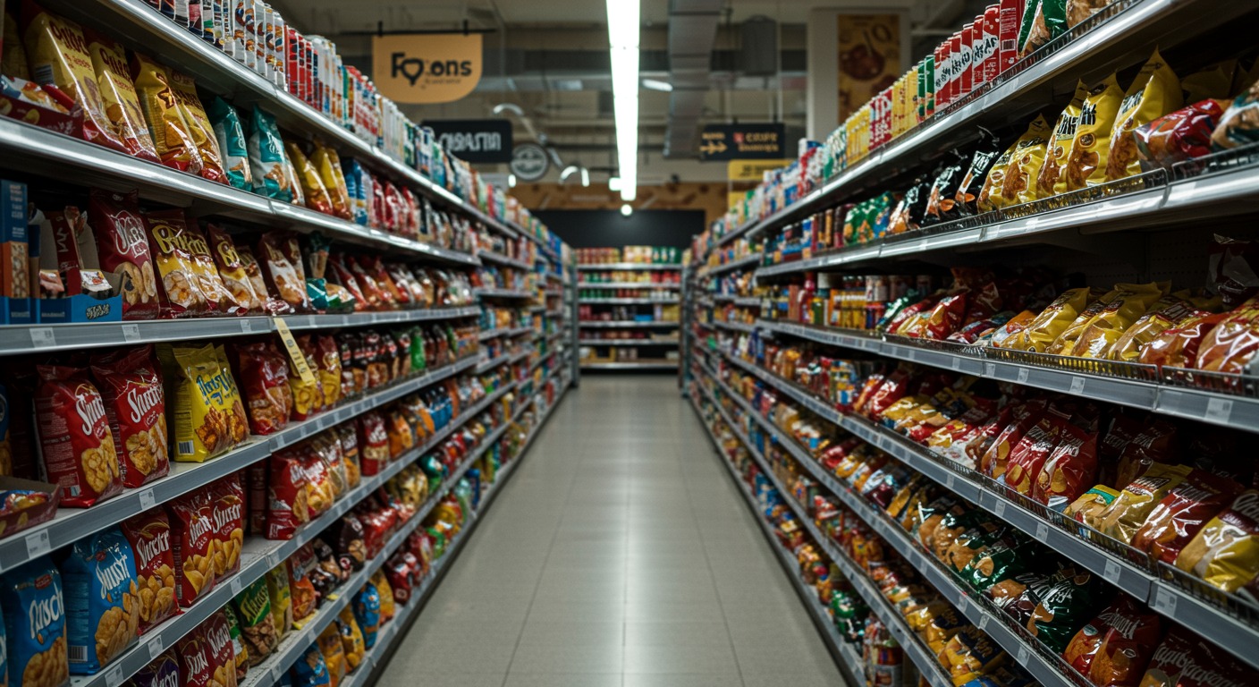 Grocery store aisle with colorful packaged snack foods and beverages on brightly lit shelves