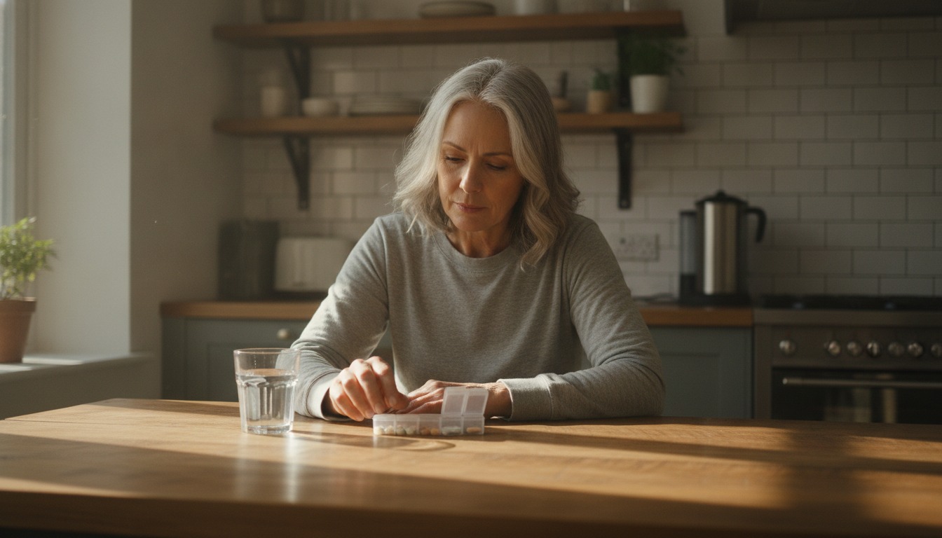 A woman in her fifties sitting at a kitchen table in soft morning light, looking at a small pill organizer next to a glass of water