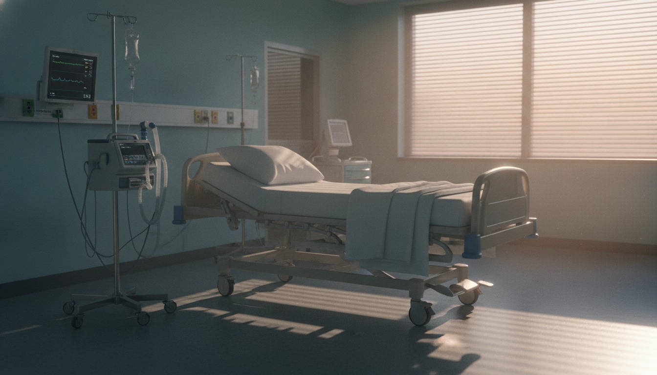 Empty hospital intensive care room at dawn with a neatly made bed and soft light coming through the window blinds
