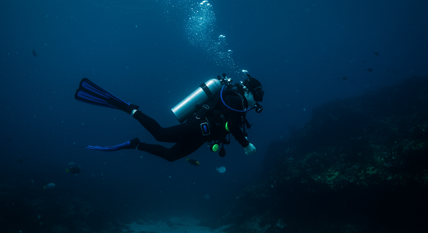 Underwater scene with diving equipment and blue filtered lighting