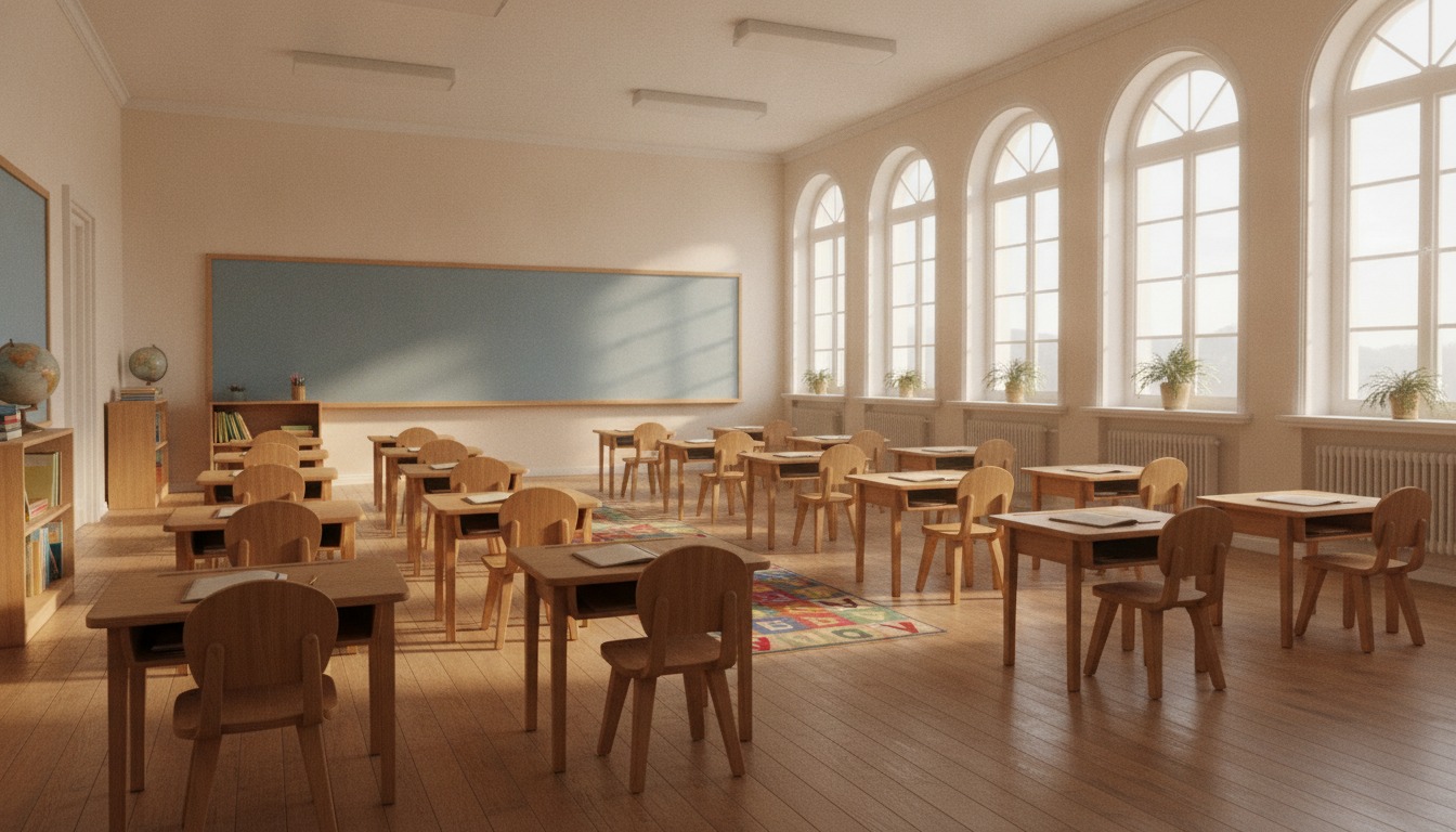 Empty elementary school classroom with small wooden desks and chairs and warm daylight coming through tall windows