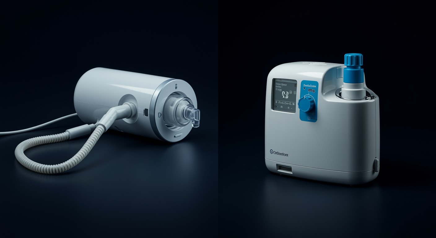 Photorealistic comparison of CPAP machine and oxygen concentrator for sleep apnea treatment, showing cardiovascular outcome differences, soft medical lighting, no text