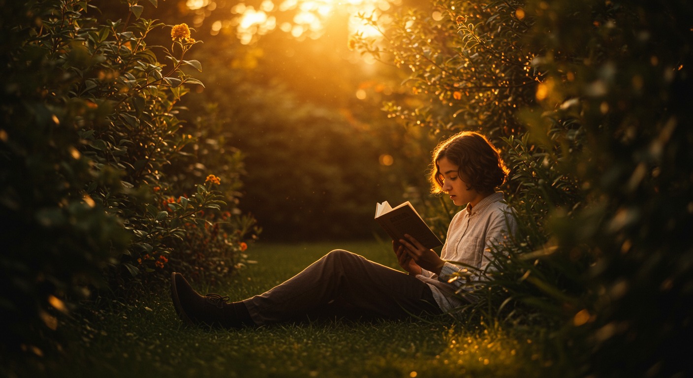 Curious person reading a book in a sunlit garden with warm golden light and lush greenery