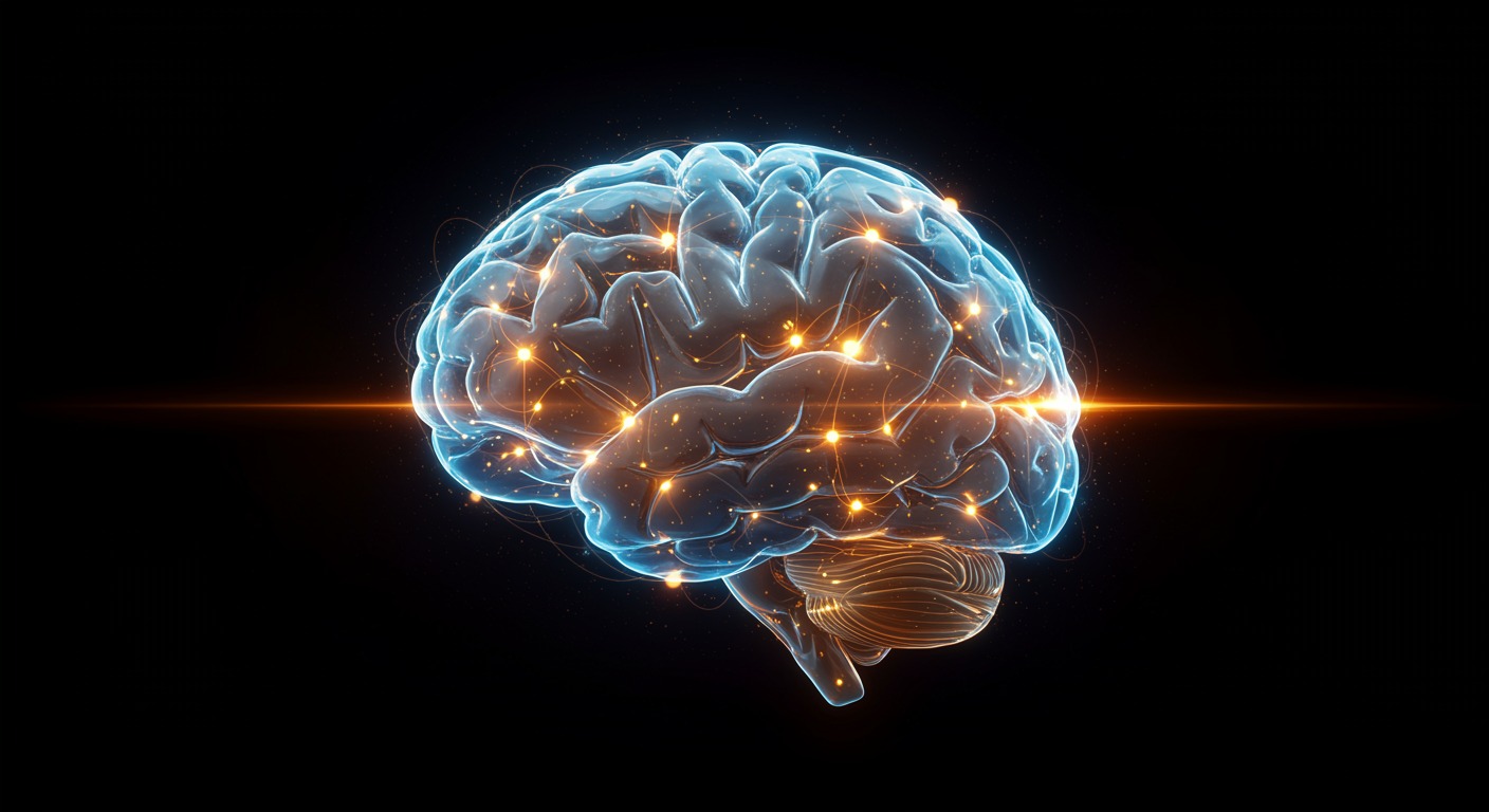 Detailed visualization of a glowing human brain with illuminated neural connections, warm blue and gold tones representing cognitive healing and recovery