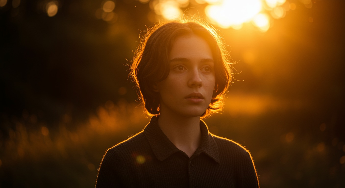 Hopeful person in a warm sunlit natural setting with golden light and vibrant colors