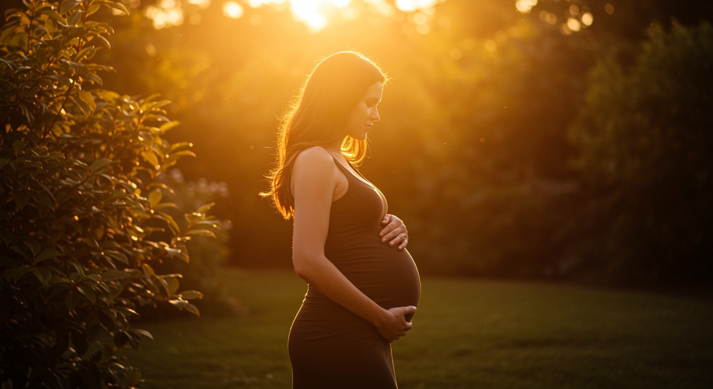 Healthy pregnant woman gently cradling her belly while walking through a warm sunlit garden, peaceful and nurturing atmosphere