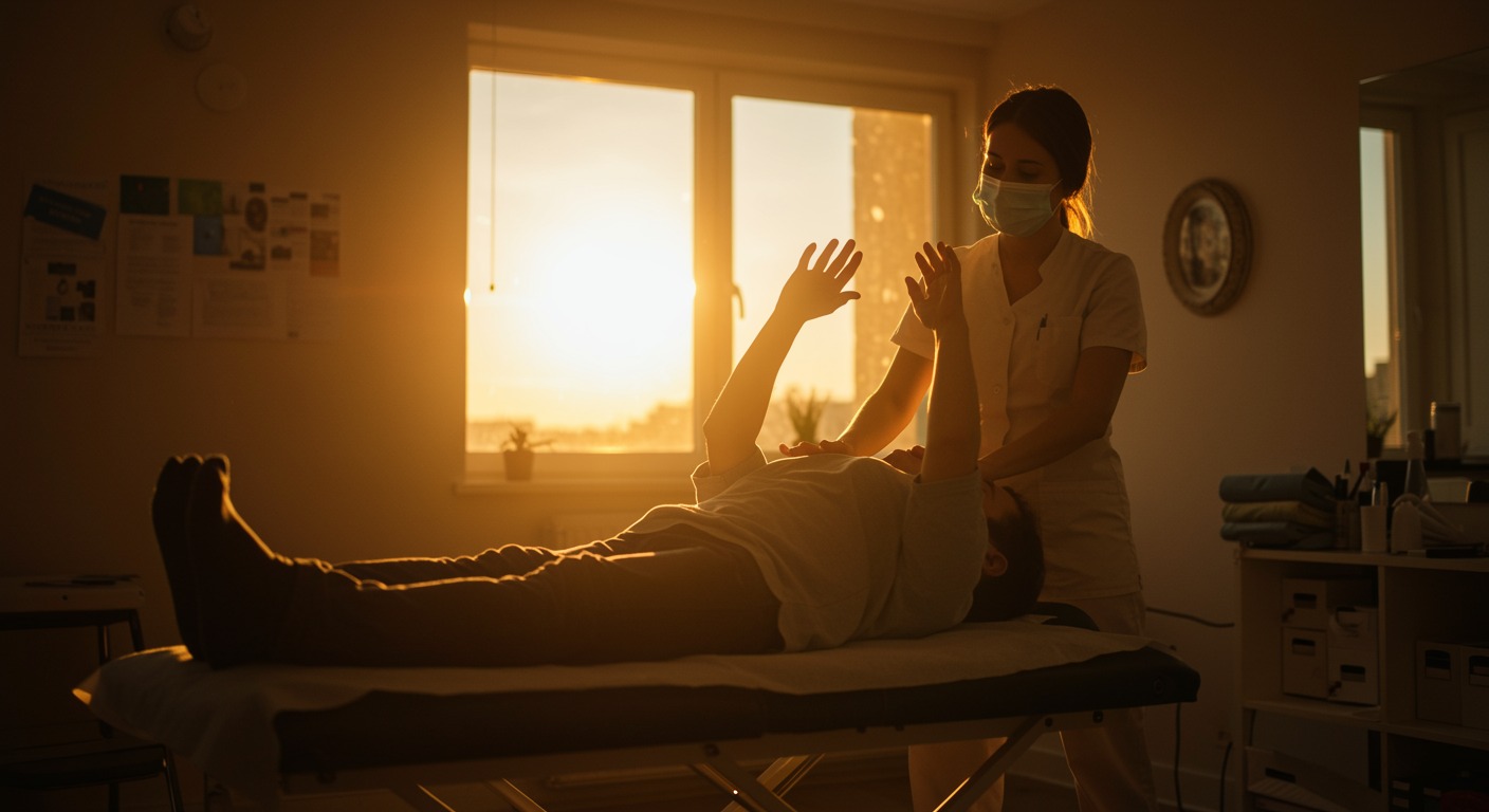 Person receiving physical therapy in a bright warm clinic with encouraging natural light