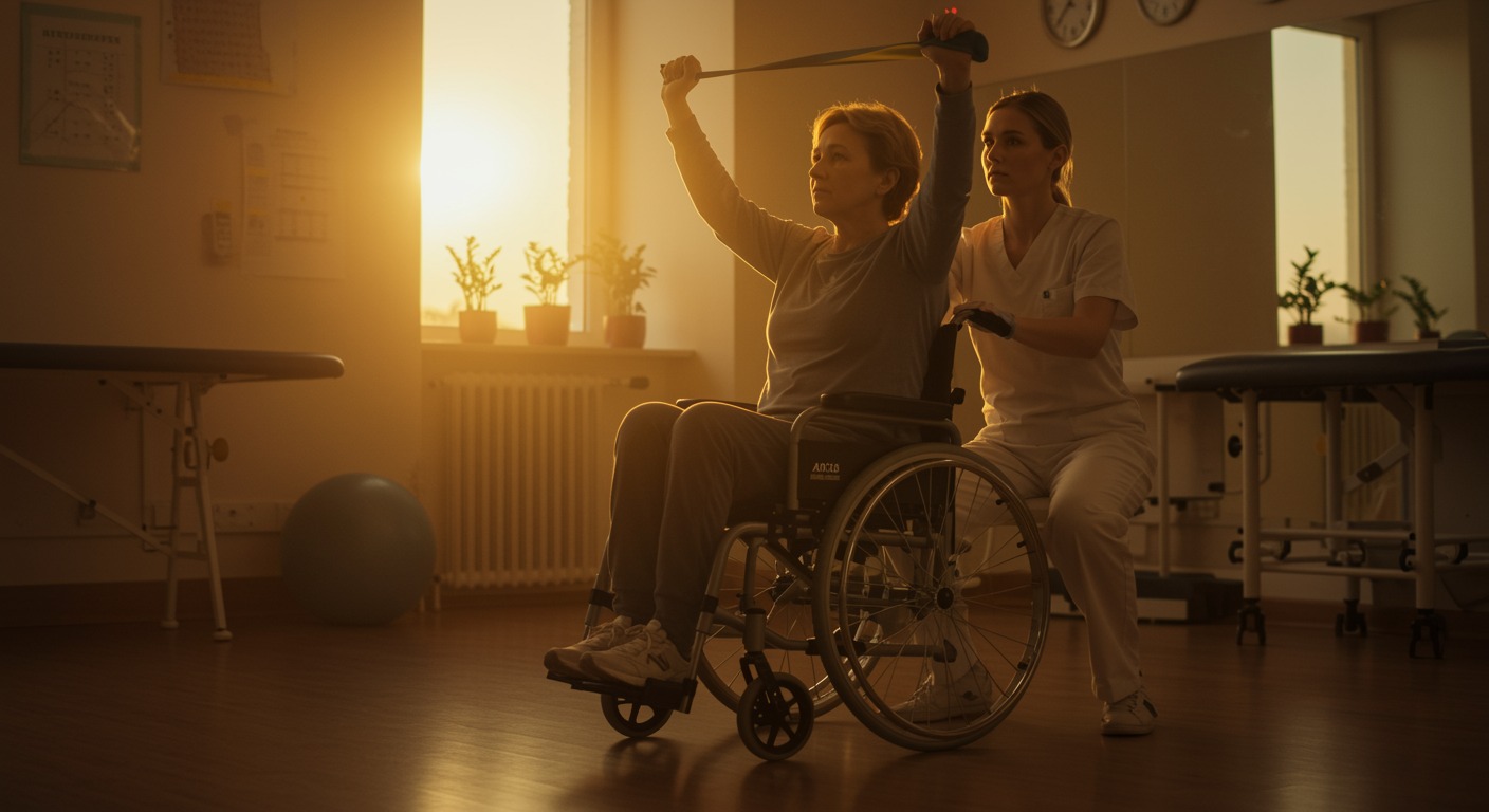 Person in a wheelchair performing upper body resistance band exercises with a physical therapist in a bright rehabilitation clinic