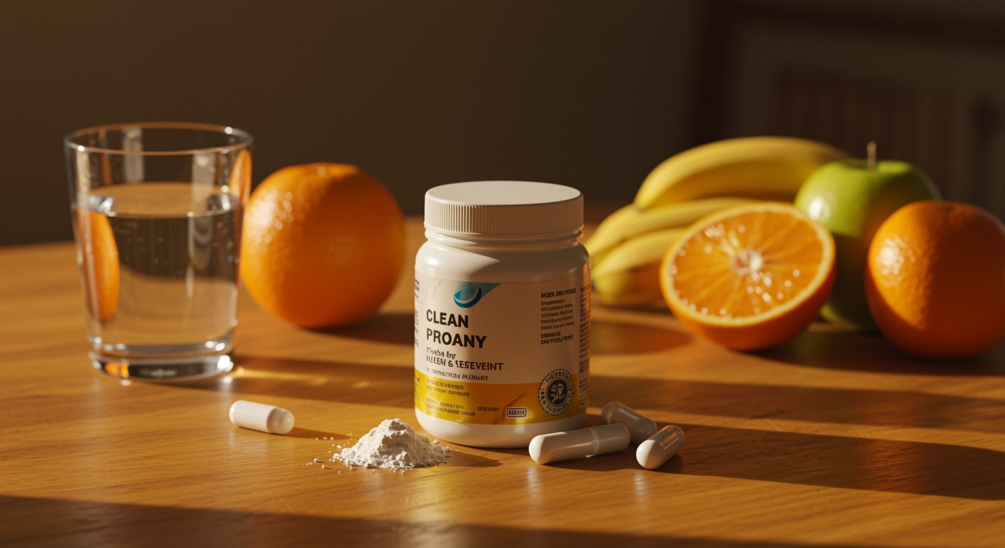 Clean white supplement powder on a warm sunlit wooden table with fresh fruits and a glass of water