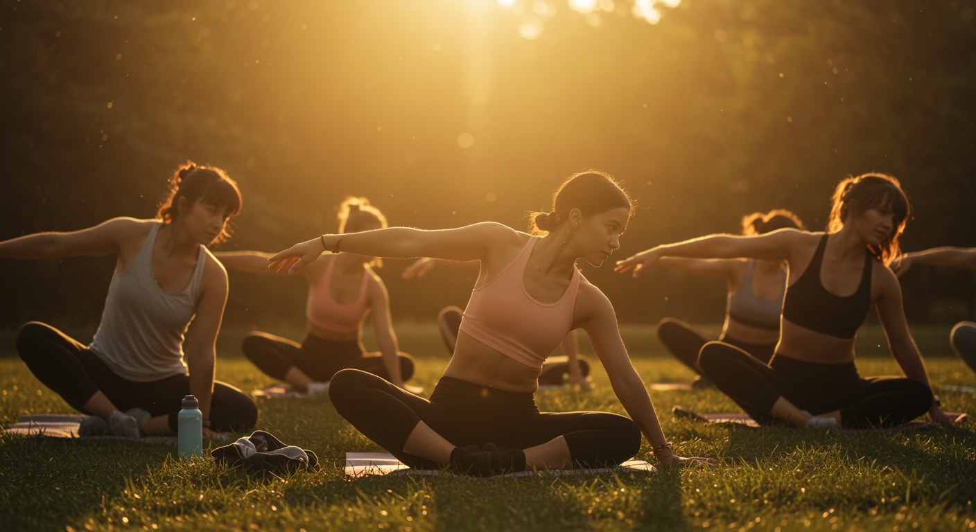 Diverse group of women including a yoga practitioner and a runner stretching together in a bright outdoor fitness class at sunrise