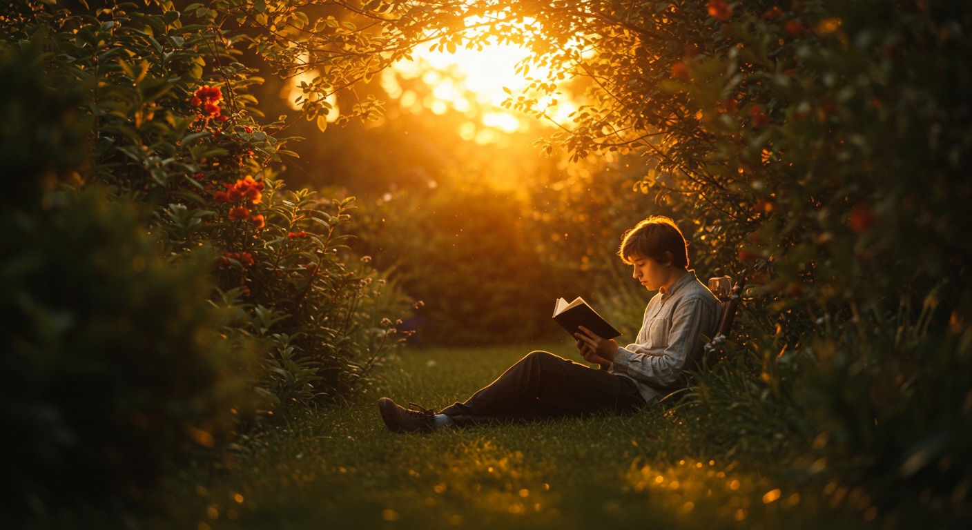 Curious person reading a book in a sunlit garden with warm golden light and lush greenery
