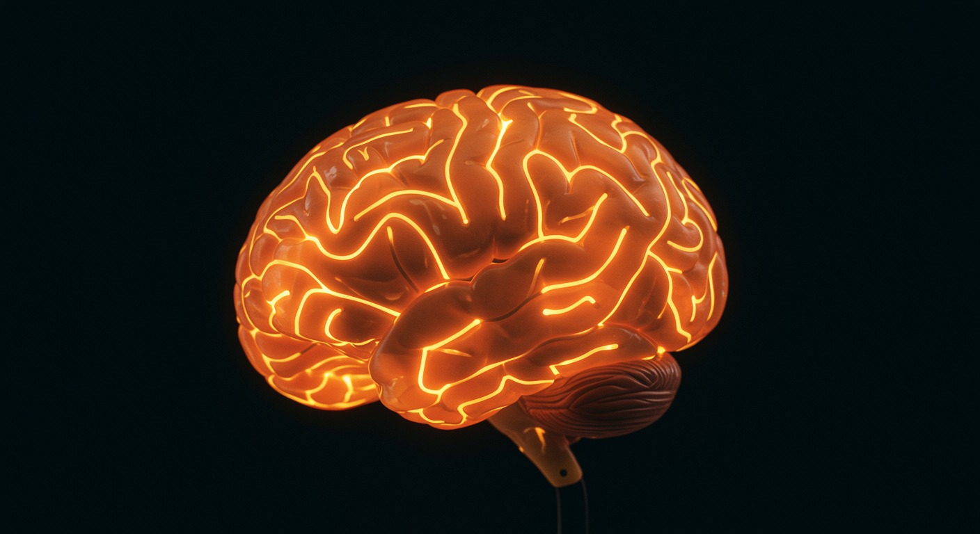 Artistic close-up of a vibrant brain model with golden neural pathways glowing against a dark background, concept of cognitive enhancement and neuroprotection