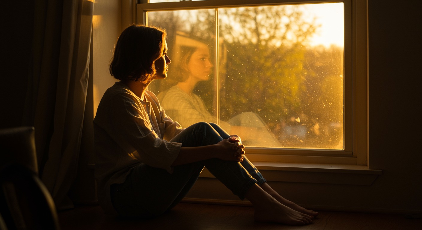Person sitting peacefully by a large window with warm morning sunlight streaming in, showing a moment of calm and hope, soft natural tones
