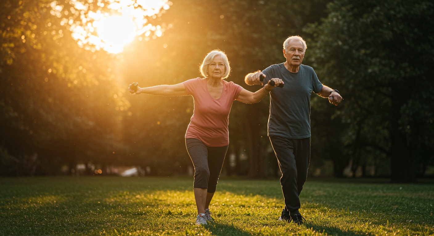 Active elderly couple doing gentle resistance exercises together in a sunlit park, showing vitality and determination