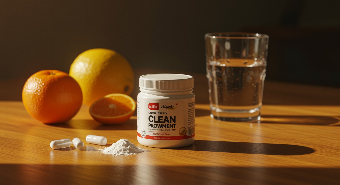 Clean white supplement powder on a warm sunlit wooden table with fresh fruits and a glass of water