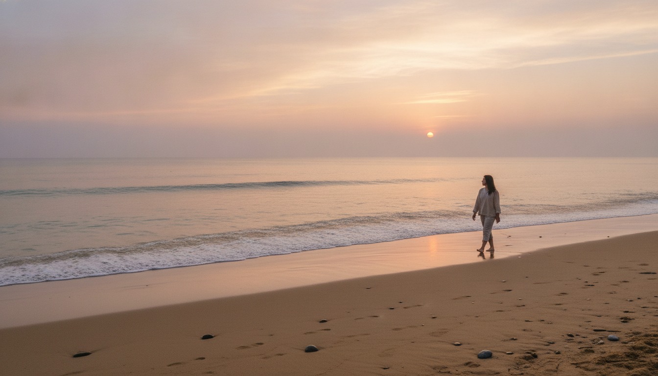 Peaceful person walking alone on a quiet beach at dawn with muted pastel sky and calm waves
