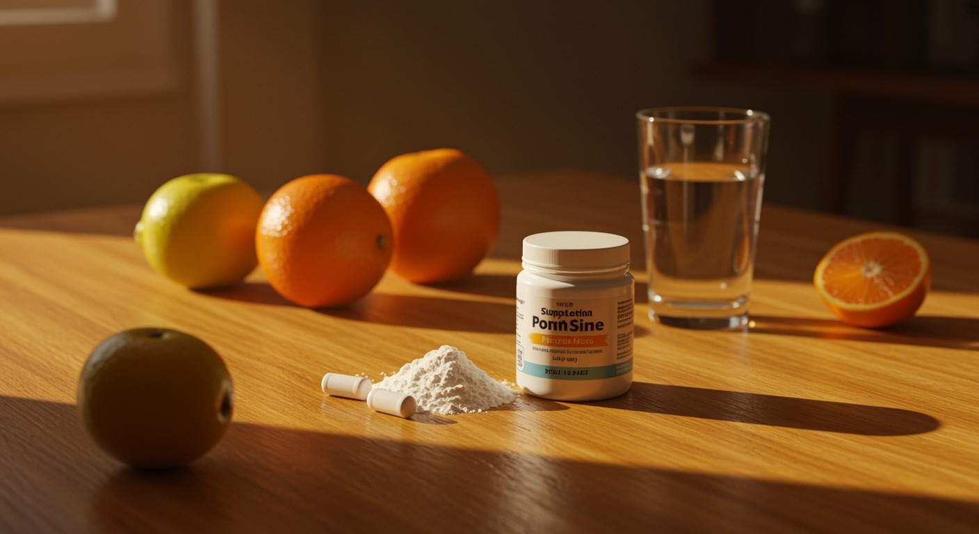 Clean white supplement powder on a warm sunlit wooden table with fresh fruits and a glass of water