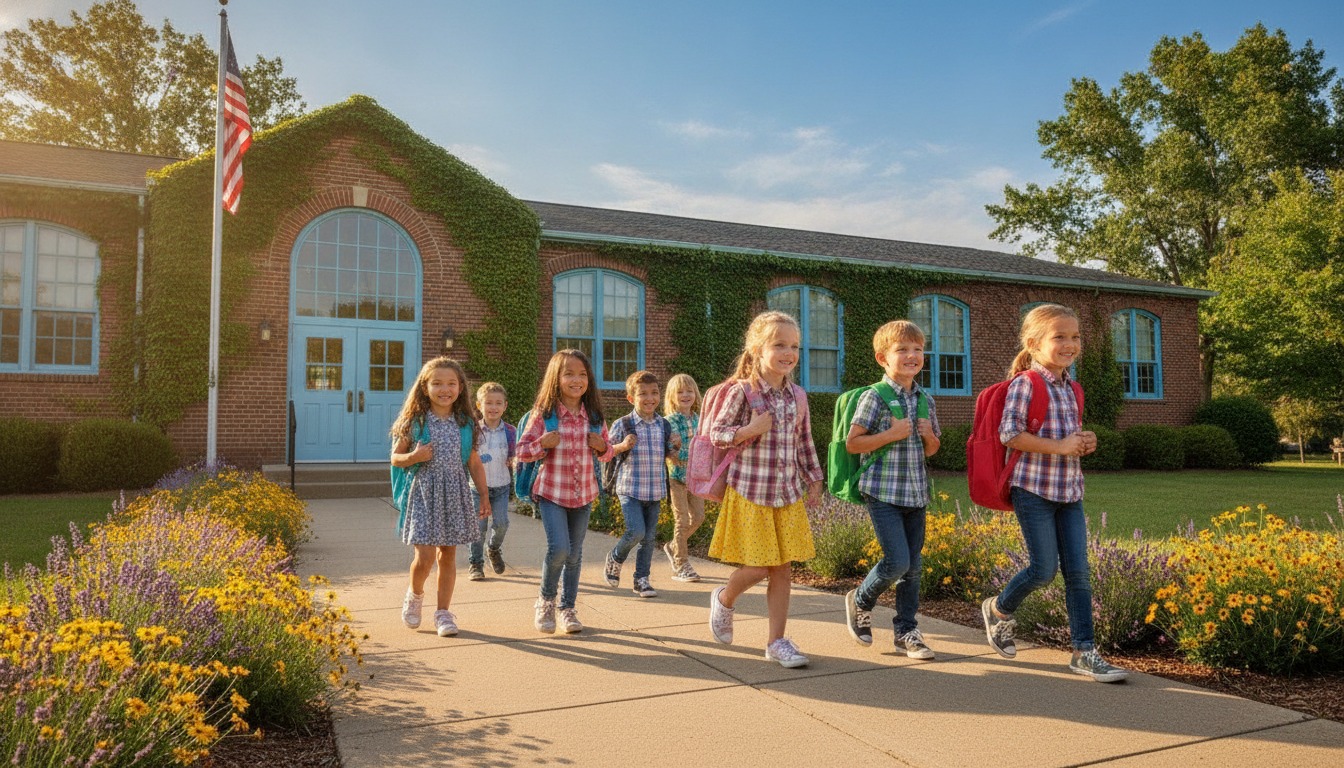 Young children with backpacks walking toward an elementary school entrance on a sunny morning