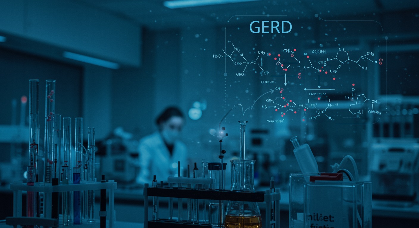Scientific laboratory with molecular pathway diagrams and cellular research equipment studying GERD mechanisms