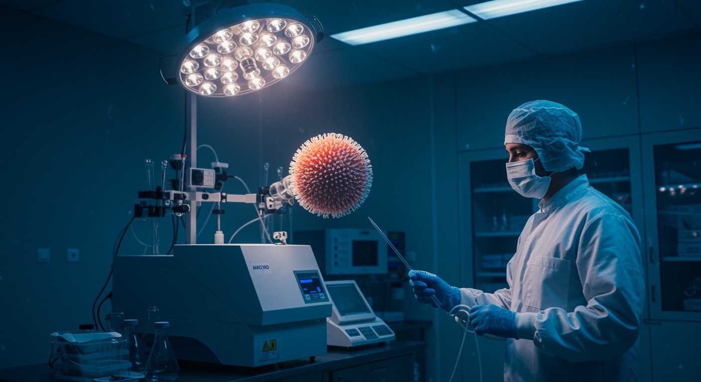 Modern clinical trial facility with phage research equipment under sterile laboratory lighting