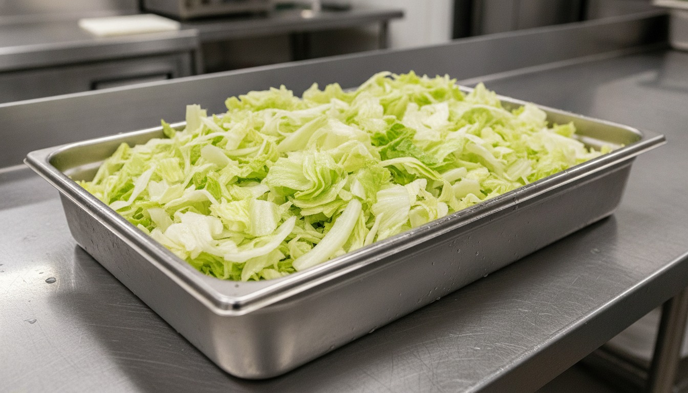 Close-up of shredded iceberg lettuce in a stainless steel prep tray on a commercial kitchen counter under bright overhead light