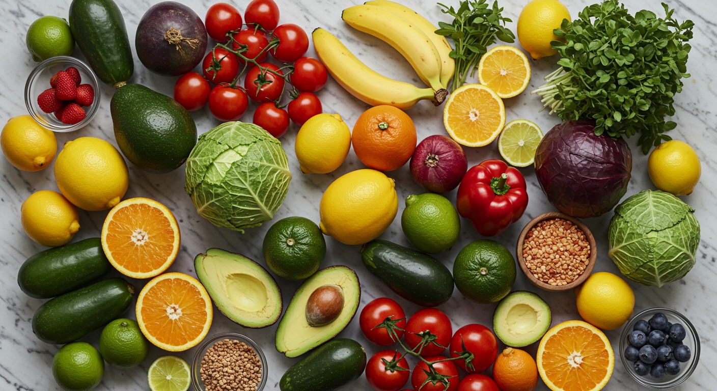 Vibrant overhead flat-lay of diverse fresh produce arranged by color on a marble countertop with soft studio light